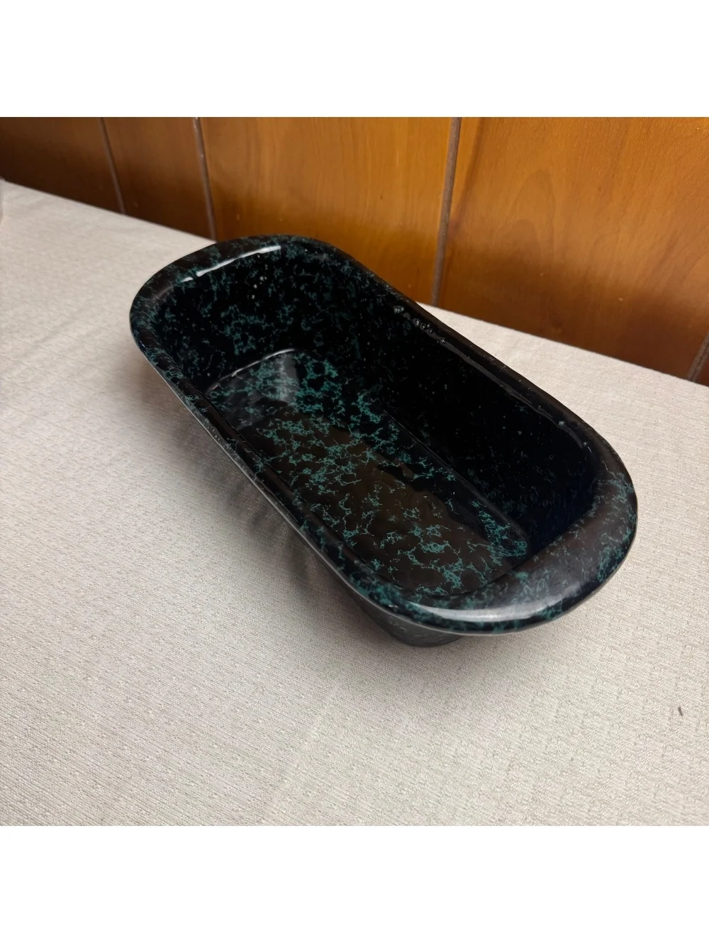 Vintage Bennington Potters #1874 Loaf Pan Black On Green Agate Stoneware Baker